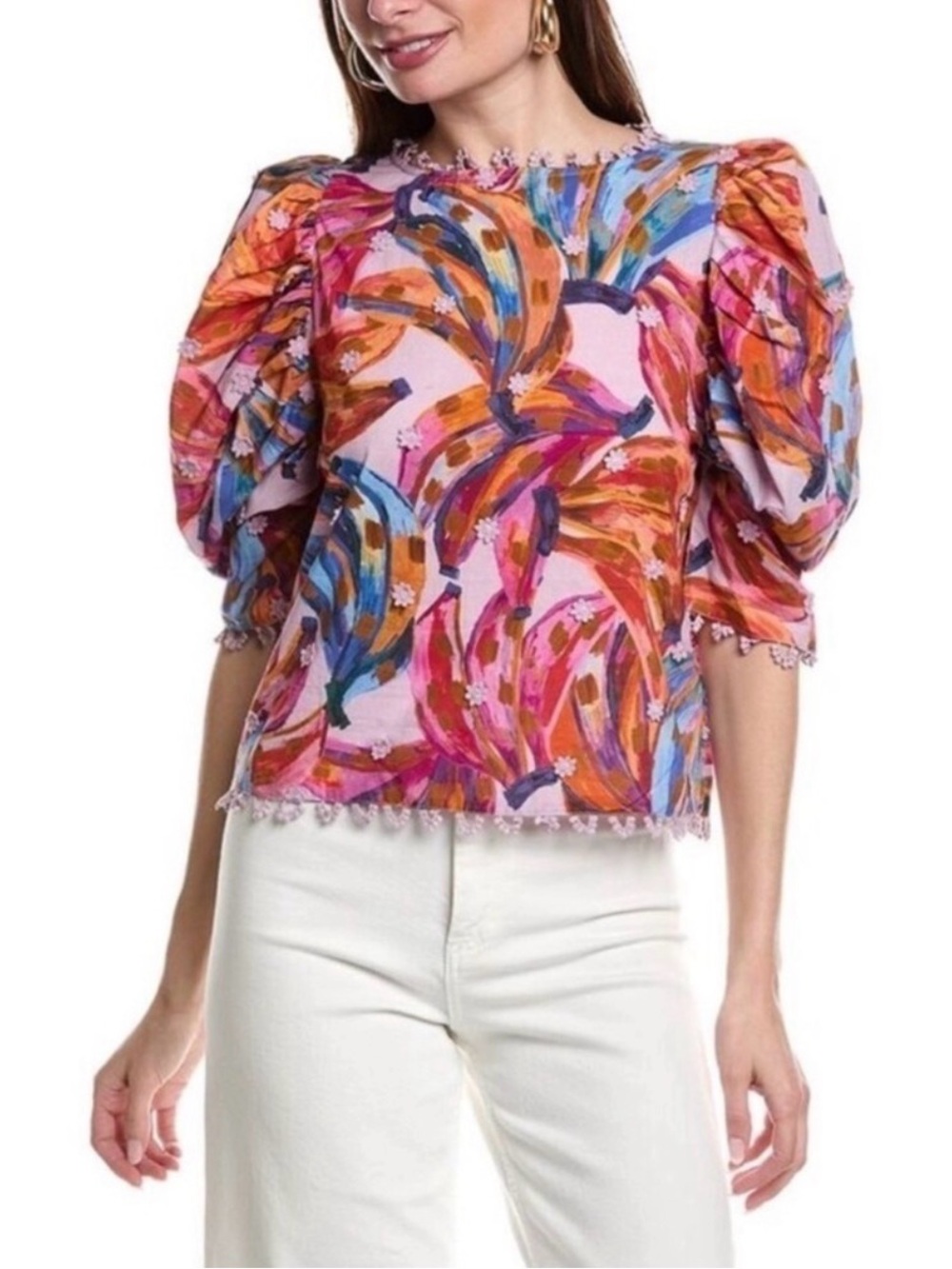 FARM Rio Pink Multi Puff-Sleeve Printed Blouse